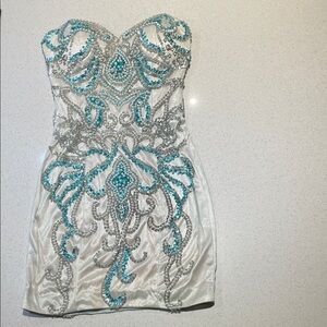 Elegant Strapless White and Blue Embellished Dress